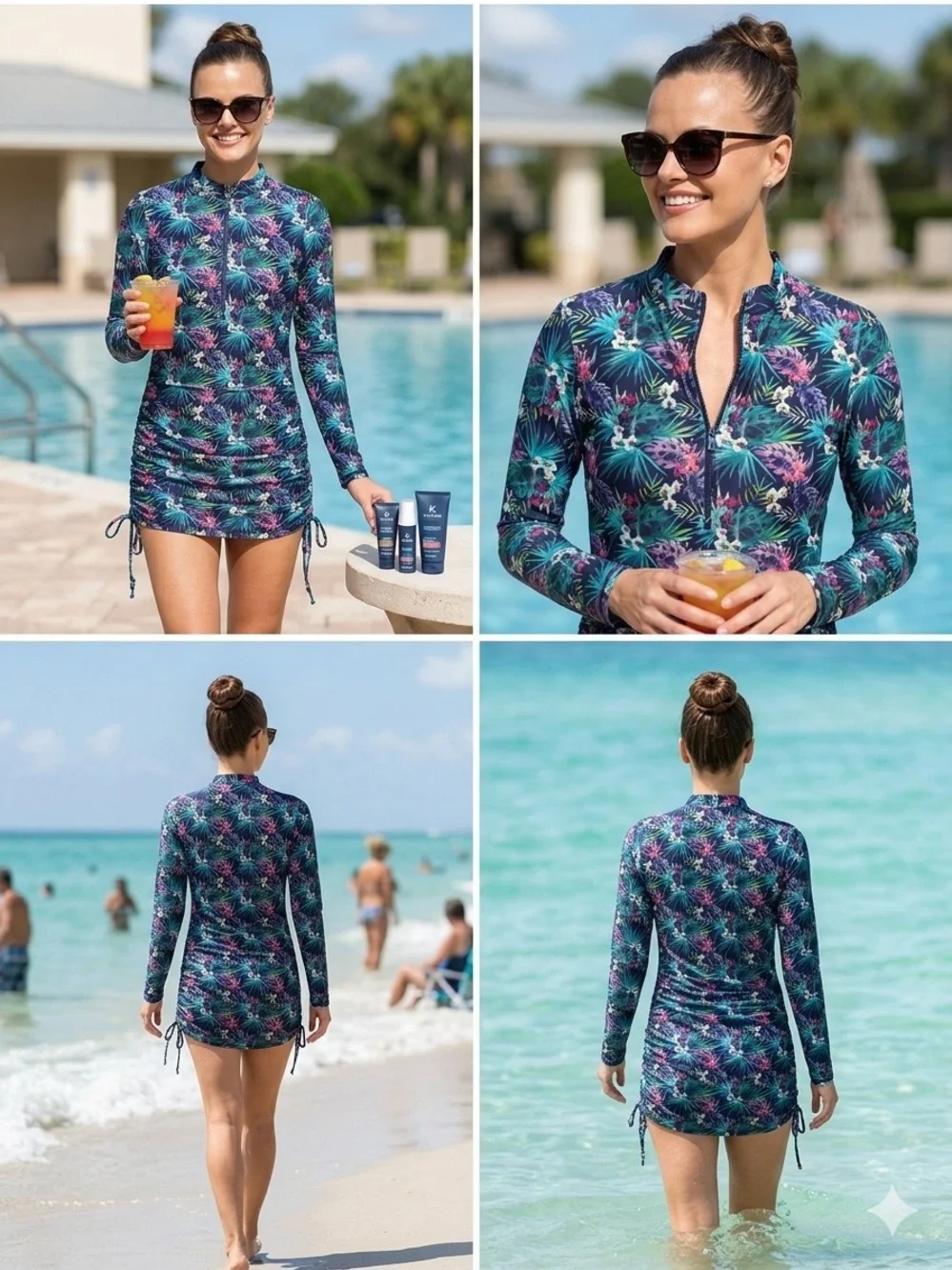 Kyodan Long-Sleeve Swim Tunic in Teal Tropical Print